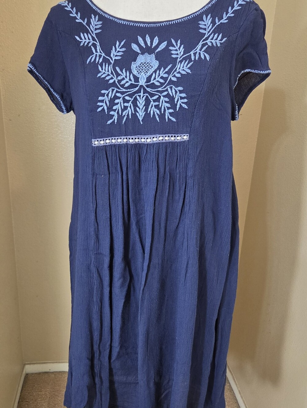 Cupio Navy Dress with Light Blue Floral Embroidery